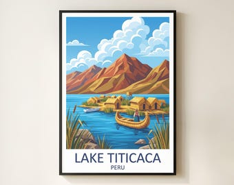 Impression d'affiche de voyage sur le lac Titicaca, art des îles flottantes des Uros, décoration péruvienne vintage