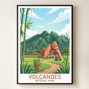 May include: Framed art print featuring a vibrant illustration of Volcanoes National Park. The artwork depicts a gorilla statue, mountains, and a winding path. The text "VOLCANOES NATIONAL PARK" is displayed at the bottom, set against a backdrop of bamboo and lush greenery.