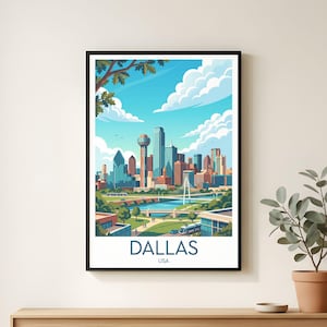 Dallas USA Travel Poster Print, Reunion Tower Art, Retro Cityscape Decor, Traveler Gift