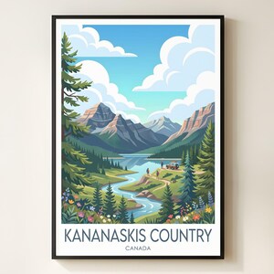 Pode incluir: Um cartaz de viagem emoldurado com uma paisagem de Kananaskis Country, Canadá. A ilustração mostra um rio sinuoso, árvores perenes, flores silvestres coloridas e montanhas escarpadas sob um céu azul com nuvens brancas. Texto KANANASKIS COUNTRY CANADA.