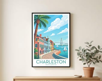 Charleston South Carolina Travel Poster Print, Ravenel Bridge Art, Retro Coastal Decor, Wanderlust Gift
