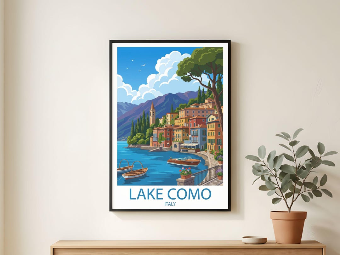 Lake Como Travel Poster, Italian Villa Painting, Vintage Coastal Art ...