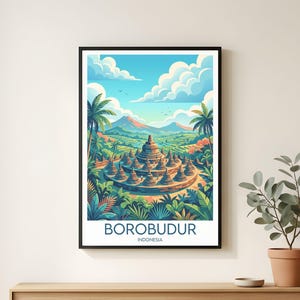 Stampa poster di viaggio di Borobudur, Indonesia, arte murale del tempio di Giava, ricordo di vacanza retrò, decorazione incorniciata
