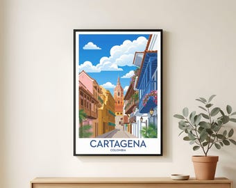 Poster de voyage de Carthagène, rue historique de la ville, art colonial dynamique, décoration de bureau à domicile