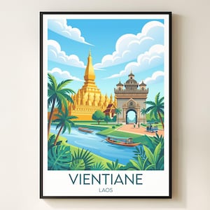 Vientiane Laos Travel Poster Print, Pha That Luang, Asian Wall Art, Vacation Keepsake