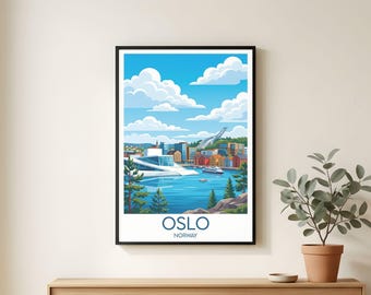 Oslo Norway Travel Poster Print, Opera House Fjord, Framed Wall Art, Scandi Decor