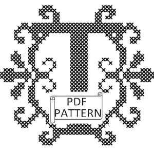 Modern Monogram Cross Stitch Pattern Ornate Letter "T" for immediate download