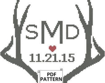 Antlers Cross Stitch PDF Pattern, Antler Wedding Cross Stitch Chart, Antlers With Monogram Cross Stitch Pattern, Rustic Wedding Cross Stitch