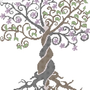 Può includere: Uno schema a punto croce di un albero stilizzato con rami marroni, neri e verdi e fiori viola. L'albero ha un tronco spesso e radici che si estendono verso il basso. La data 06.12.15 è in cima allo schema. I nomi "Lisette" e "Stuart" sono in fondo allo schema.