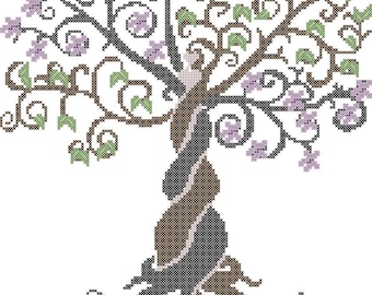 Modern Wedding Tree Cross Stitch PDF Pattern with Names and Date, Tribal tree counted cross stitch chart, Modern wedding xstitch pdf pattern