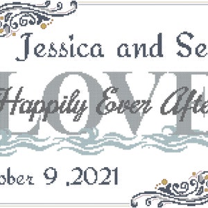 Modern Wedding Cross Stitch PDF Pattern Love Happily Ever After with Ornate Border Counted Cross Stitch PDF Chart, Wedding Cross Stitch