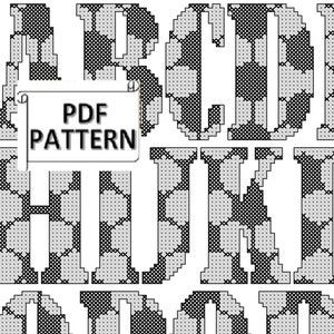 May include: Black and white cross-stitch alphabet pattern with a soccer ball design. The letters A, B, C, D, H, I, J, K, O, and M are shown. The pattern is available as a PDF download.