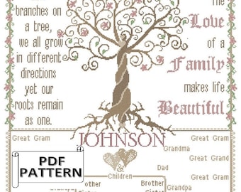 Modern Large Family Tree Cross Stitch PDF Pattern