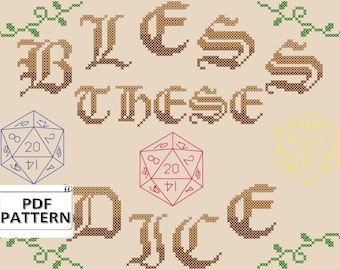 Bless these dice cross stitch pdf pattern, gamers cross stitch pattern,  RPG Dice Cross Stitch Pattern, subversive cross stitch pattern