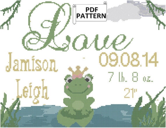 Princess Baby Frog Birth Record Counted Cross Stitch Pdf Etsy