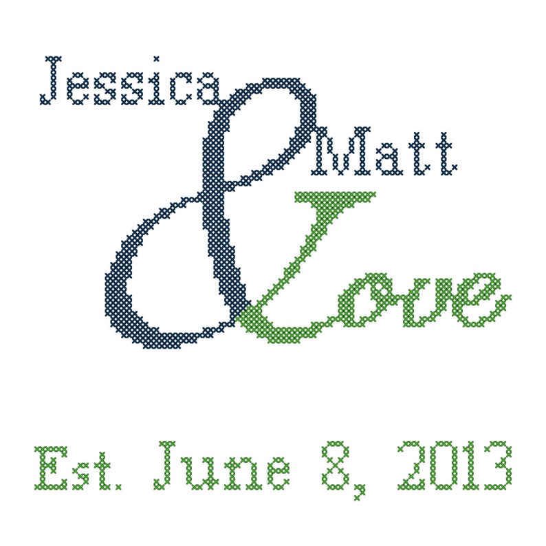 Ampersand Love Cross Stitch Pattern modern wedding cross stitch chart Ampersand with Bride and Groom Names and wedding date cross stitch