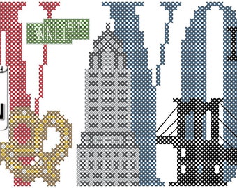 New York PDF Cross Stitch Pattern - City, State, Country Name with coordinating pictures on each letter cross-stitch patterns