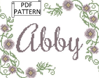 Girl Name with purple violets flower border counted cross stitch PDF pattern