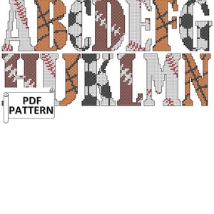 May include: Cross stitch pattern featuring the letters A through N in a white background with a baseball, basketball, and soccer ball pattern. The text "PDF PATTERN" is at the bottom of the image.