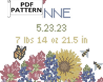 Texas Wildflowers Baby Birth Record Counted Cross Stitch PDF Chart for digital download personalized for you to stitch