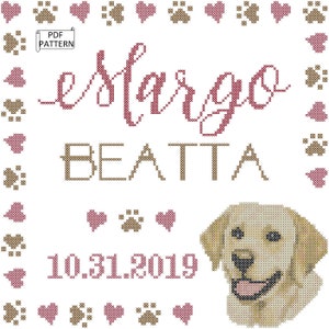 Nome e data do bebê labrador amarelo com borda de coração com estampa de pata ponto cruz padrão PDF, gráfico de ponto cruz labrador amarelo, registro de nascimento do filhote de cachorro
