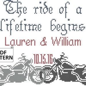 バイクの結婚式のクロスステッチの PDF パターン、クロスステッチのバイクのパターン、一生に一度の旅の始まりのクロスステッチのパターンのバイク
