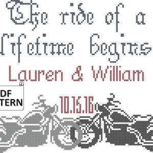 Motorcycle Wedding Cross Stitch PDF Pattern, Cross Stitch Motorcycle pattern, Ride of a Lifetime Begins cross stitch pattern motorcycles image 1