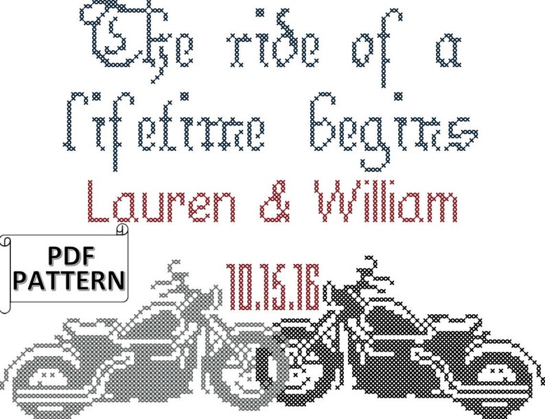 Motorcycle Wedding Cross Stitch PDF Pattern, Cross Stitch Motorcycle pattern, Ride of a Lifetime Begins cross stitch pattern motorcycles image 1