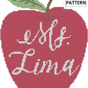 Red Apple with Teacher Name Counted Cross Stitch PDF Chart, Teacher Appreciation Cross Stitch Pattern, Apple Cross Stitch, Teacher xstitch