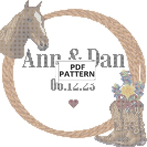 Peut inclure: Modèle de point de croix avec une tête de cheval, une botte de cowboy avec des fleurs et le texte "Ann & Dan 09.12.23" avec un cœur. Le modèle est intitulé "PDF PATTERN".