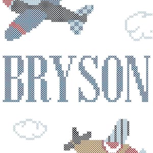 Airplanes with Name Counted Cross Stitch PDF Pattern, Modern Baby Airplane Cross-Stitch PDF pattern, Airplane Nursery Cross Stitch Pattern