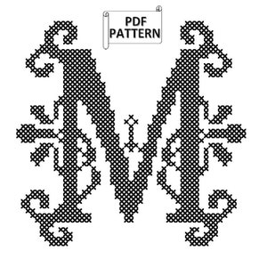 Letter "M" cross stitch PDF pattern, modern monogram cross stitch pattern, M digital chart cross stitch, Fancy Letter M cross-stitch chart