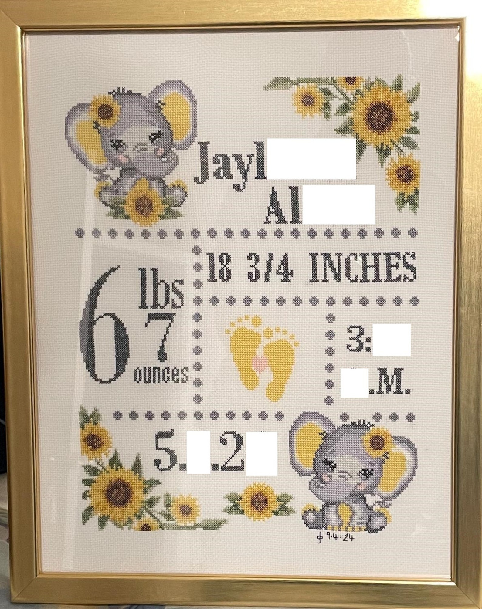Sunflower Elephant Baby Birth Record Counted Cross Stitch PDF Chart ...
