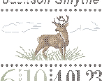 Buck Antlers Baby Birth Record Counted Cross Stitch PDF chart