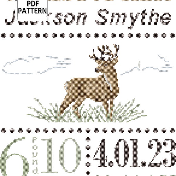 Buck Antlers Baby Birth Record Counted Cross Stitch PDF chart