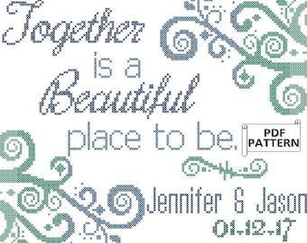 Modern Wedding Cross Stitch PDF Pattern Together is a Beautiful Place to Be with Decorative Swirl Corners Wedding Record
