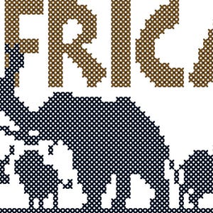 May include: Cross-stitch design featuring the continent of Africa, the word "AFRICA", and silhouettes of African animals. The design includes a tree and the text "PDF PATTERN". The color palette includes brown, green, yellow, and blue.
