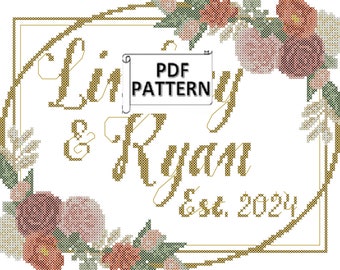 Fall Autumn Wedding Flowers Gold Frame Modern Wedding Counted Cross Stitch PDF Chart