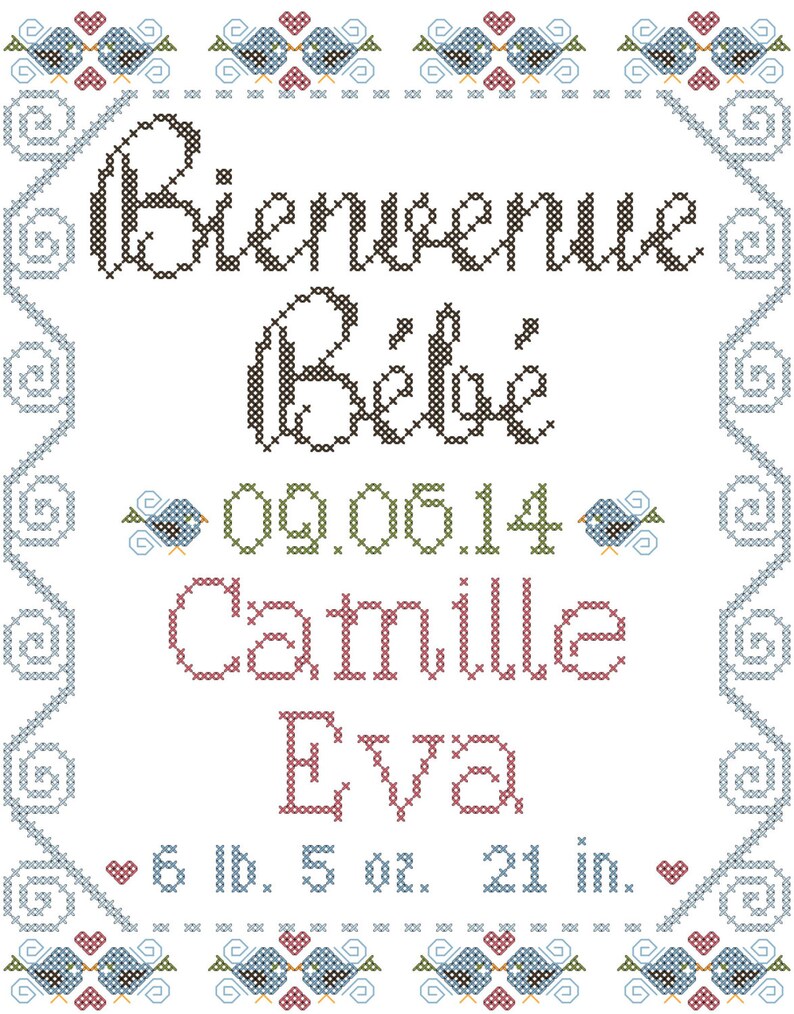Bienvenue Bebe With Birdies And Swirl Boarder Cross Stitch Etsy