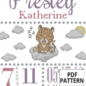 Cute Baby Cheetah Nursery Birth Record Counted Cross Stitch PDF pattern