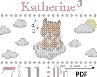 Cute Baby Cheetah Nursery Birth Record Counted Cross Stitch PDF pattern