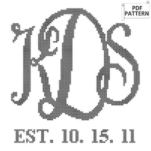 May include: Black and white cross stitch pattern of the letters "KDS" in a stylised font with the text "EST. 10. 15. 11" below. The pattern is labelled "PDF PATTERN" in the top right corner.