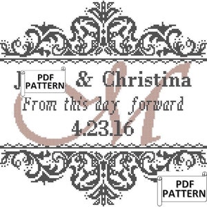 Modern Wedding Cross Stitch PDF Pattern, From this Day Forward with Damask Style Frame and Names, Initial and Wedding Date