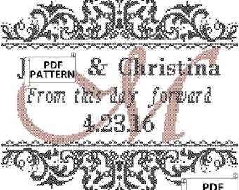 Modern Wedding Cross Stitch PDF Pattern, From this Day Forward with Damask Style Frame and Names, Initial and Wedding Date