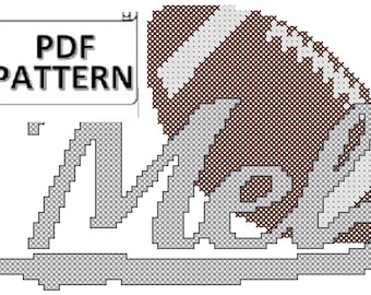 Könnte beinhalten: Ein Kreuzstichmuster für einen Fußball mit dem Wort "NOLA" in grauen und weißen Stichen. Der Fußball ist braun und weiß. Das Muster ist mit "PDF PATTERN" beschriftet.