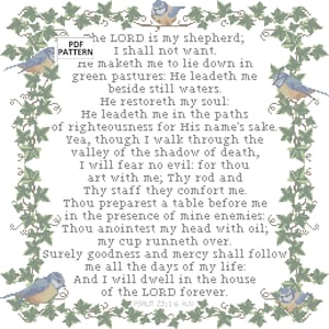 Psalm 23 1-6 KJV Bijbelvers geteld kruissteek PDF-patroon met oostelijke blauwe vogels en klimop, religieuze kruissteek PDF-grafiek