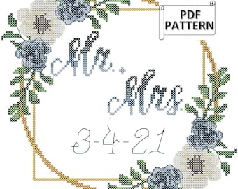 Mr & Mrs Wedding Cross Stitch PDF Pattern with Modern Florals, Modern Wedding Cross Stitch Pattern, Numbers included to personalize yourself