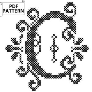 Ornate Letter C Counted Cross Stitch PDF Pattern for Immediate download, modern monogram cross stitch chart, modern wedding cross stitch