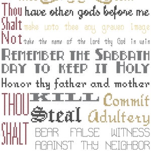 Ten Commandments Counted Cross stitch PDF pattern, 10 commandments typography subway poster style cross stitch PDF chart, bible verse chart