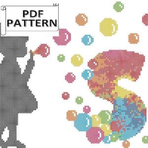 Puede incluir: Un patrón de punto de cruz en blanco y negro de una niña soplando burbujas. Las burbujas tienen la forma de la letra "S" y están llenas de diseños pixelados coloridos. El patrón incluye el texto "PDF PATTERN".